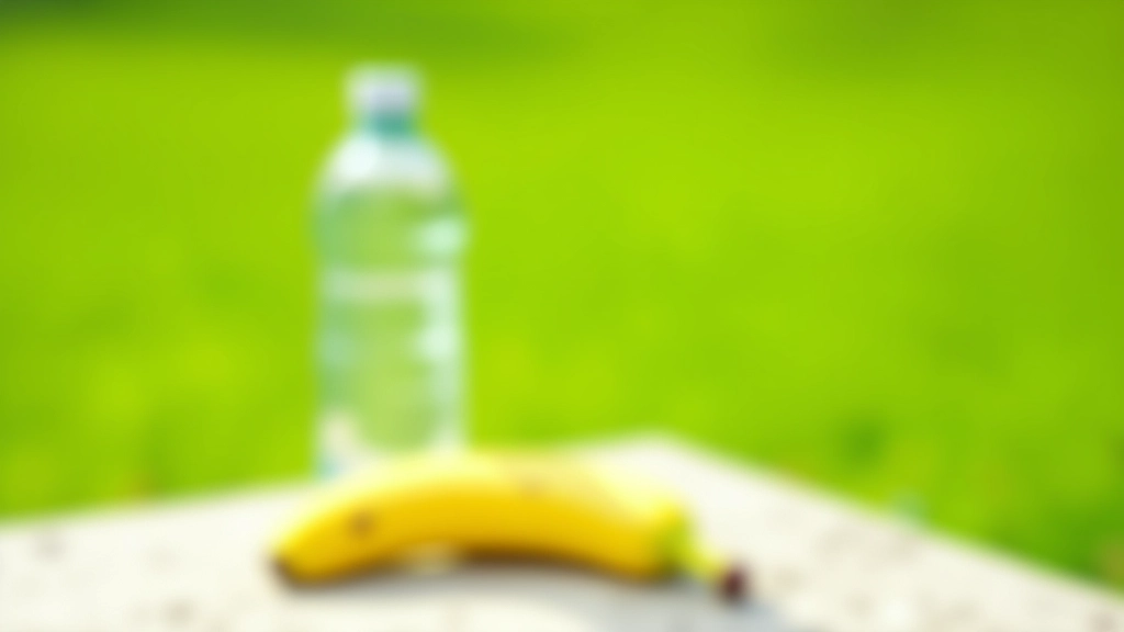 Pilnas vandens butelis ir bananai ant šaligatvio prie žaliame fone